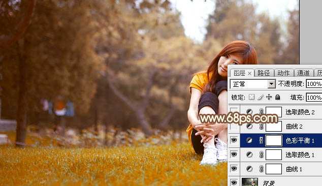 Photoshop将坐在草地上的美女调制出漂亮的秋季阳光色