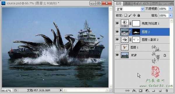 Photoshop合成史前大章鱼袭击轮船效果