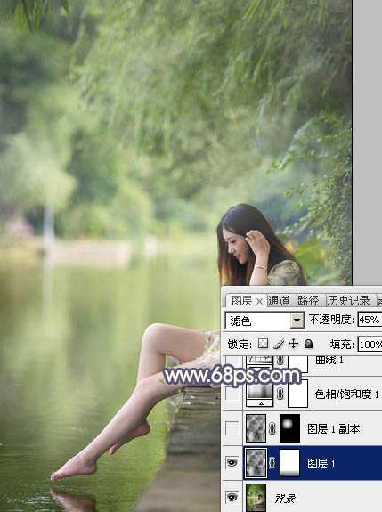 Photoshop为河边美女图片打造古典粉蓝色