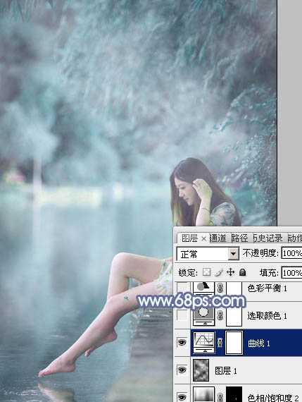 Photoshop为溪边美女图片打造梦幻的淡蓝色