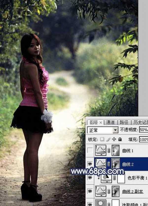 Photoshop调制出梦幻的秋季冷色树林人物图片