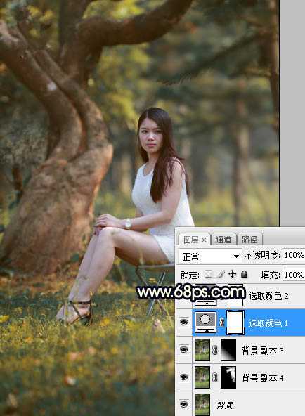 Photoshop调制出唯美的深秋暗黄色树林人物图片